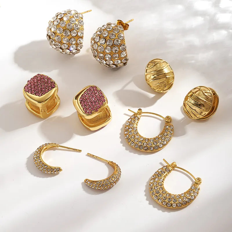 Trendy Fashion Ins Style Gold-Plated Imitation Gold 304 Stainless Steel Rhinestone Square U-Shaped C-Shaped Simple Stud Earrings