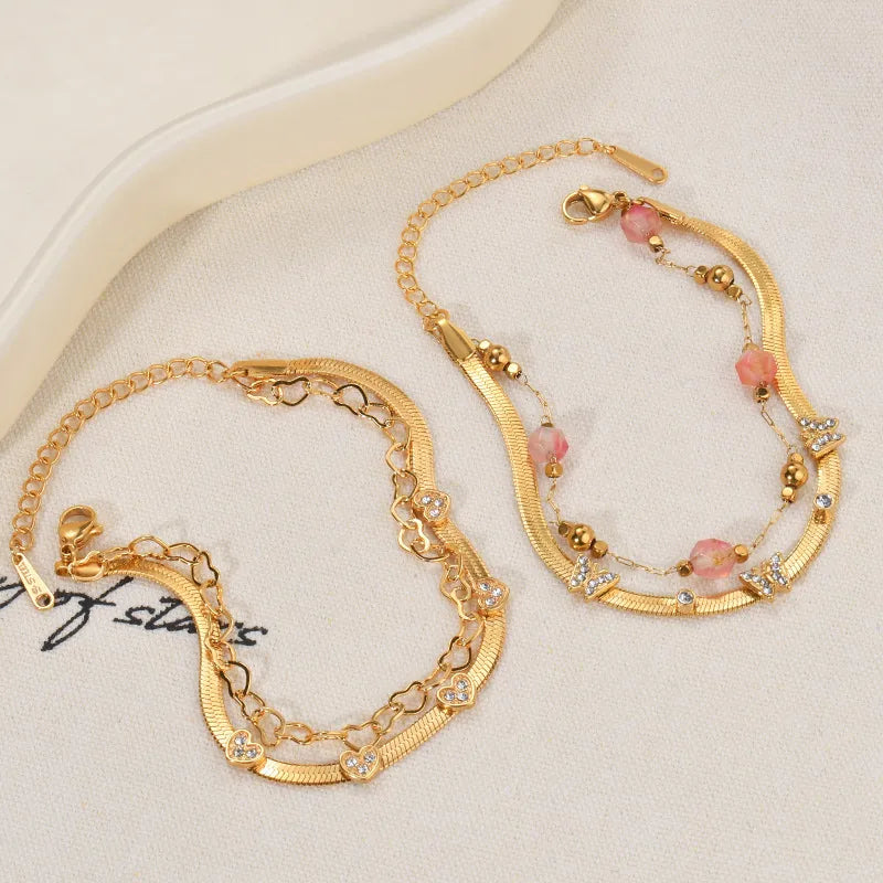 Two-layer Titanium Steel Gold-plated Butterfly Heart-shaped Diamond Inlaid Bracelet Casual Daily Wear Ladies Jewelry