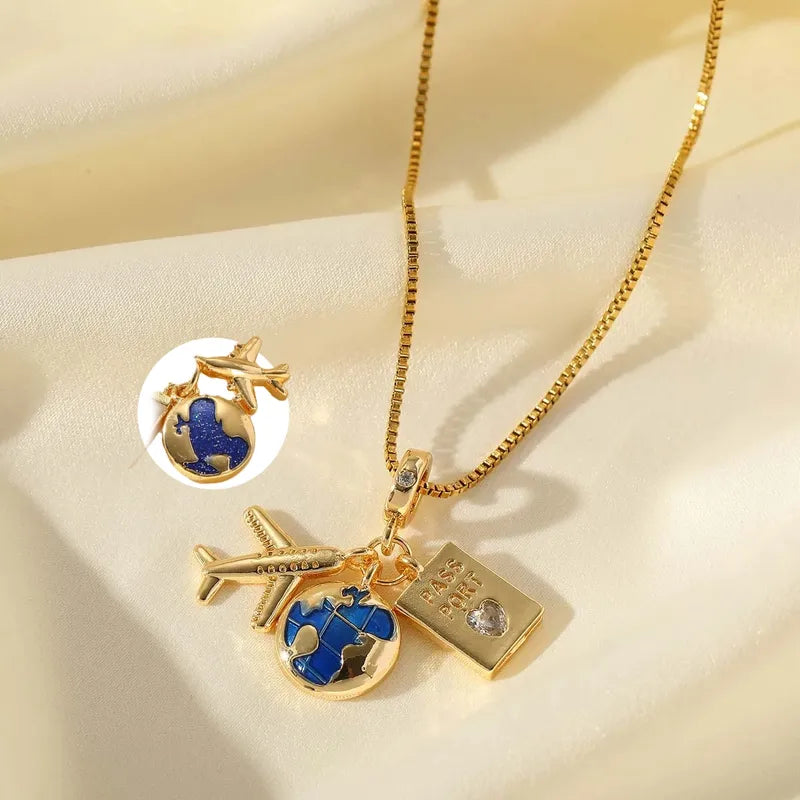 Vacation Streetwear Earth Airplane Copper 18k Gold Plated Zircon Pendant Necklace In Bulk