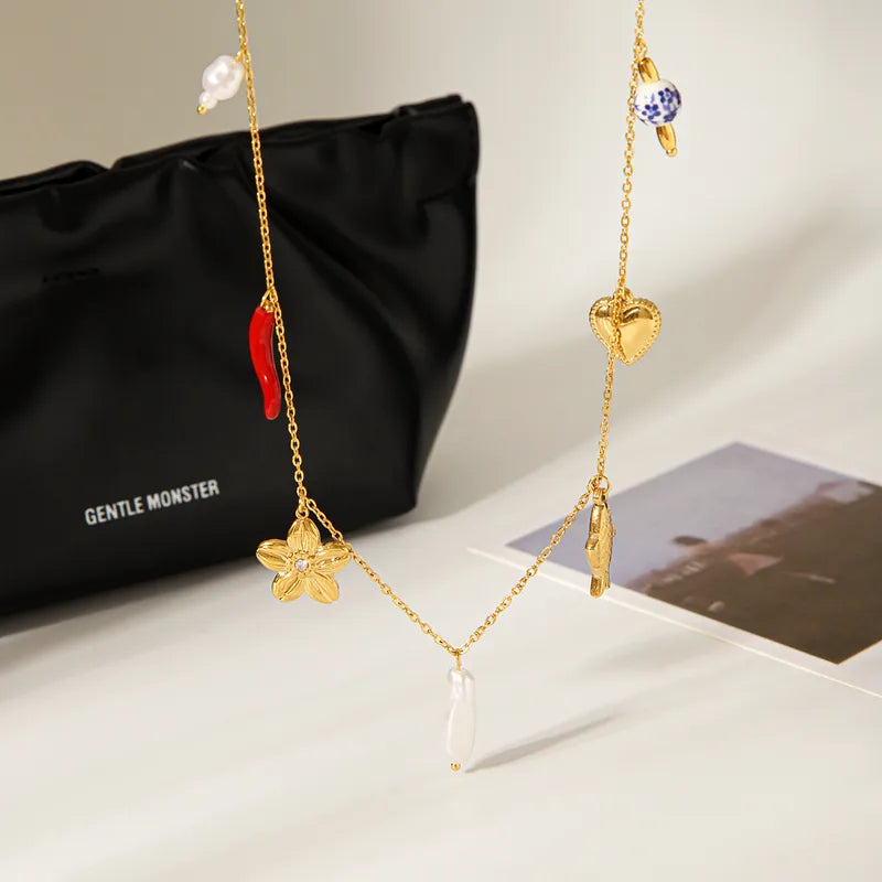 Vacuum Electroplated Stainless Steel Flower Fish Heart Imitation Pearl Multi Pendant Necklace 18K Gold Plated Women's Collarbone Chain