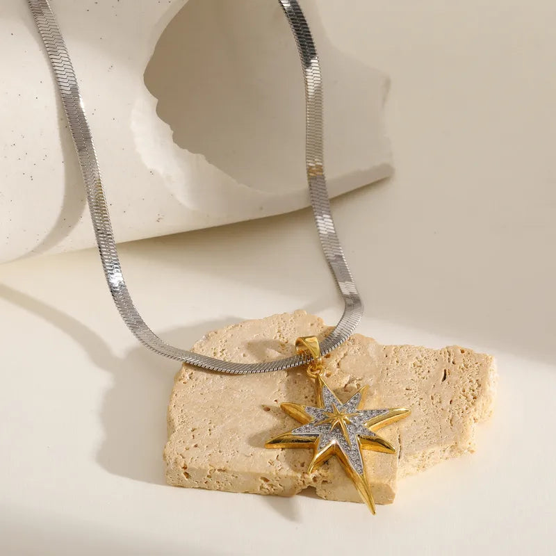 Vacuum Electroplating (In Furnace) Plated 18K Real Gold 304 Stainless Steel Copper Star Zircon Elegant Vintage Romantic Cable Inlaid Flat Snake Chain Lobster Clasp Necklace