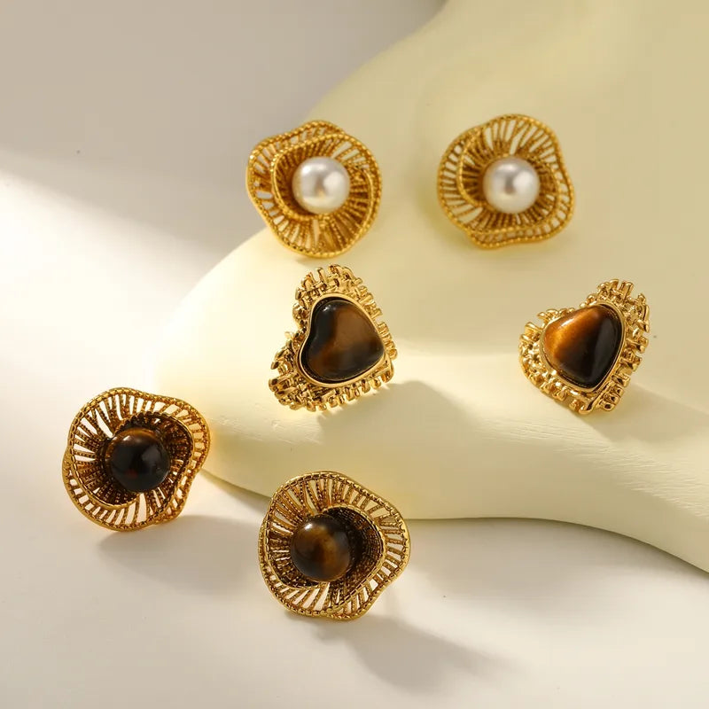 Vacuum Electroplating (In Furnace) Plated 18K Real Gold 304 Stainless Steel Love Heart Shaped Imitation Pearl Tiger Eye Stud Earrings
