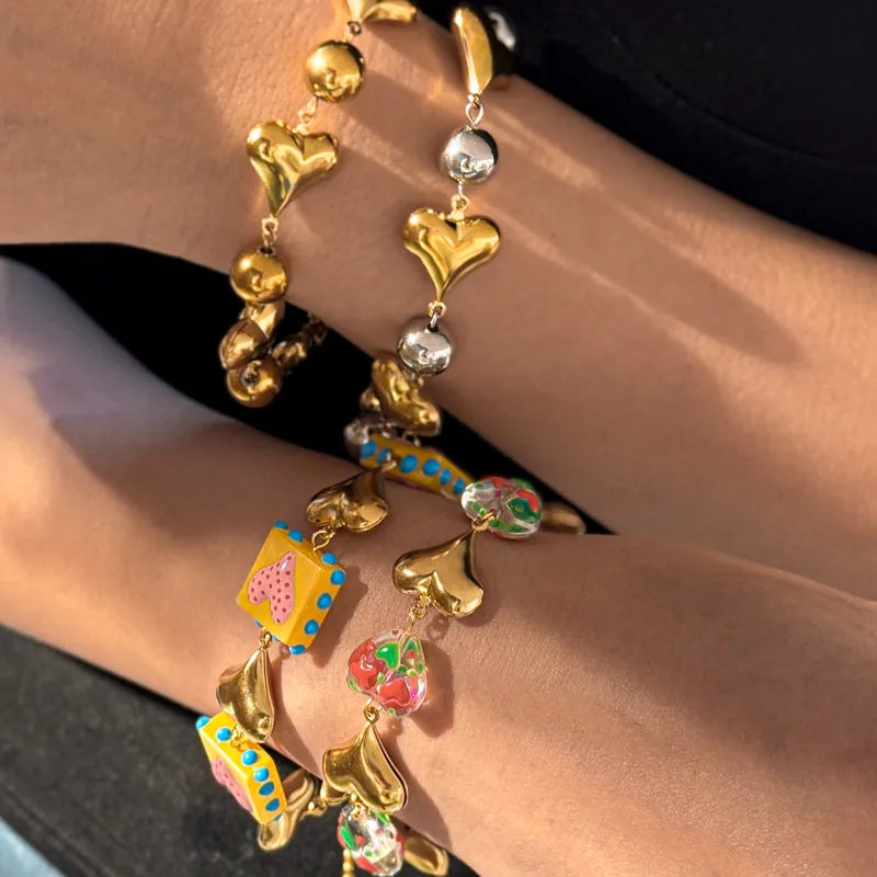 Vacuum Electroplating (In Furnace) Plated 18K Real Gold 304303 Stainless Steel Glazed Square Heart-shaped Bracelet Female Lobster Buckle Casual Elegant Retro Electroplating