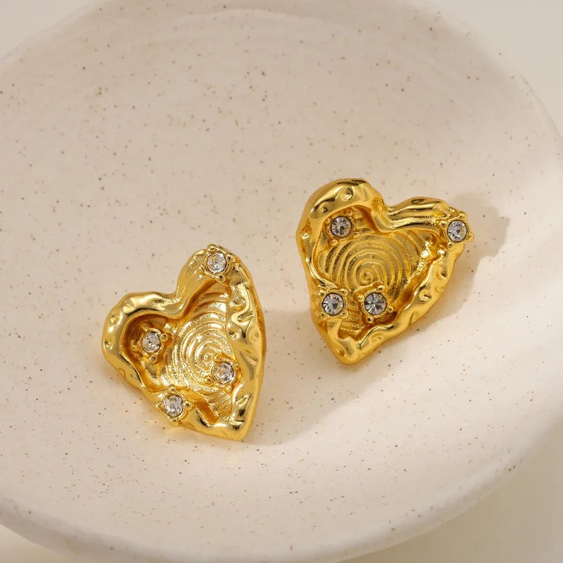 Vacuum Electroplating (In Furnace) Plated 18K Real Gold 304316 Stainless Steel Zircon Heart-shaped Earrings For Women