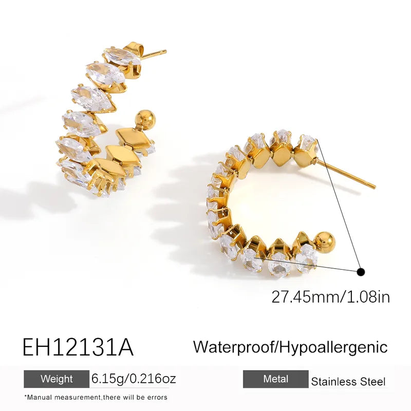 Vacuum Electroplating (In Furnace) Plated 18K Real Gold C-shaped Retro Classic Style Inlaid Zircon Light Luxury Temperament French Romantic 304 Stainless Steel Earrings