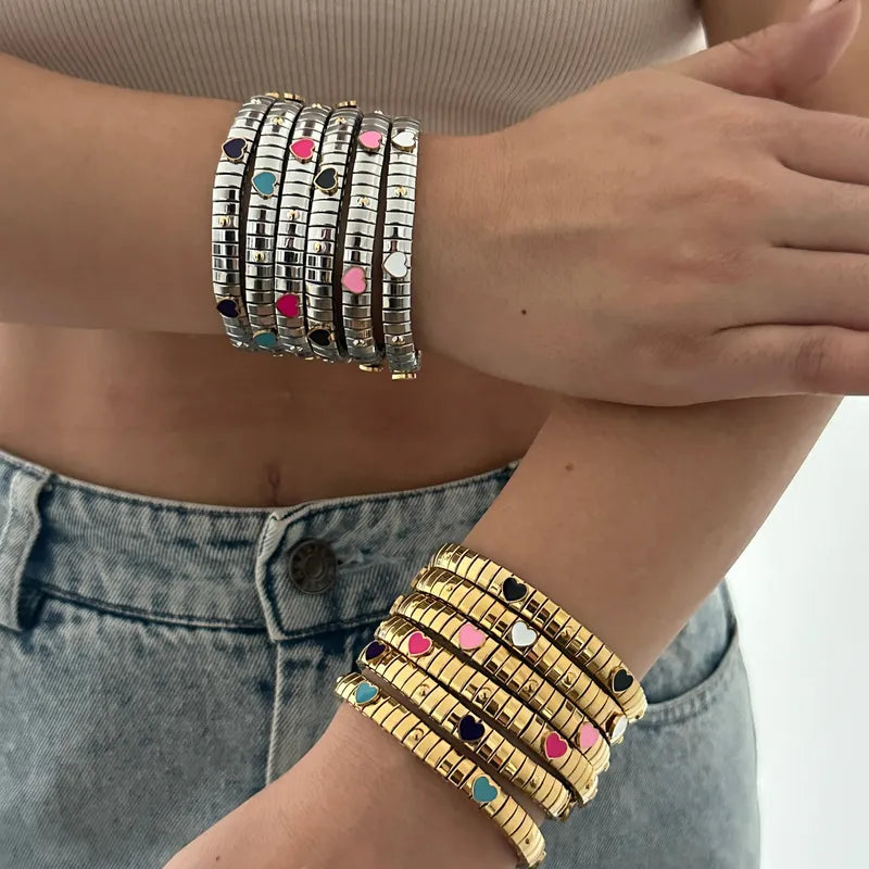 Vacuum Electroplating (In Furnace) Plated 18K Real Gold Colorful Love Heart 304 Stainless Steel Casual Elegant Bracelet