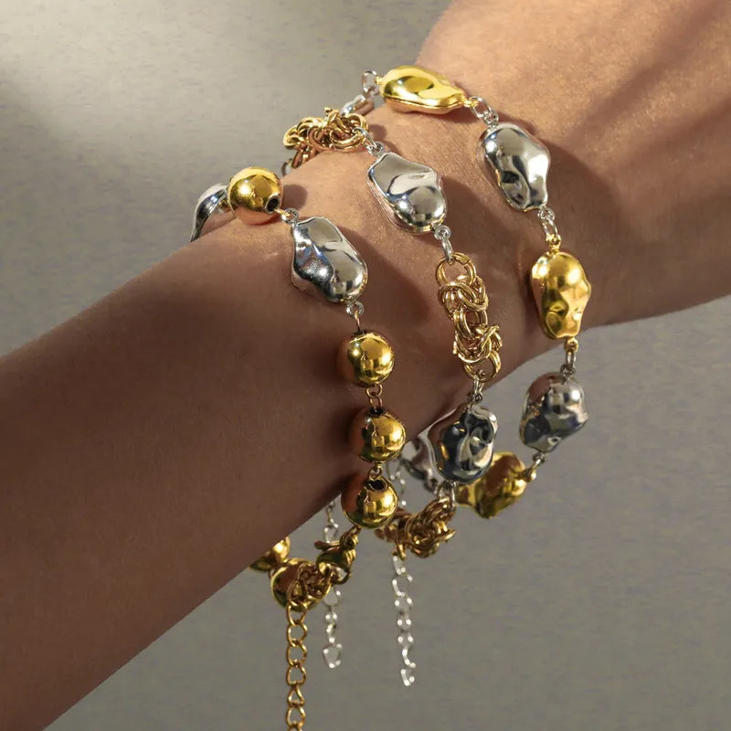 Vacuum Electroplating (In Furnace) Plated 18K Real Gold Irregular Geometric Round 304 Stainless Steel Women's Suitable Contrast Color Metal Bracelet