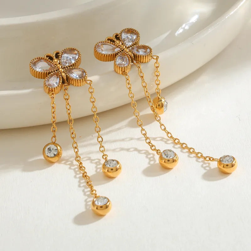 Vacuum Electroplating (In Furnace) Plated 18K Real Gold Zircon Tassel Butterfly 304 Stainless Steel Stud Earrings