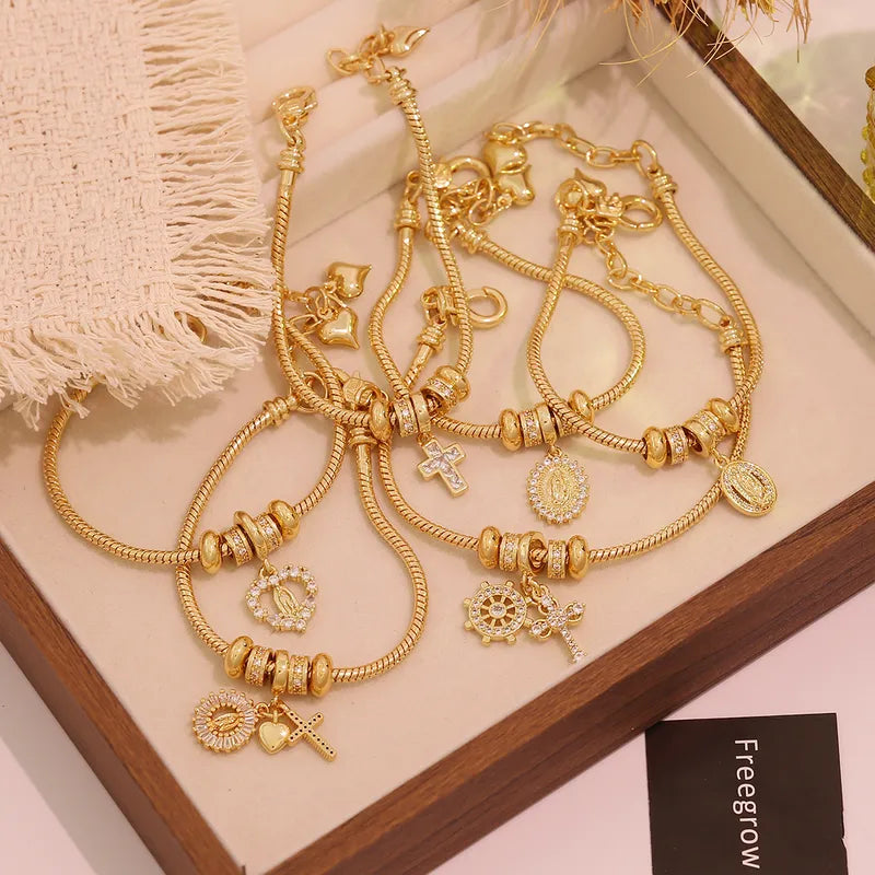 Vacuum Plating (In Furnace) Plated 18K Real Gold Cross Virgin Mary Heart Shape Copper Elegant Luxury Romantic Lobster Clasp Bracelet