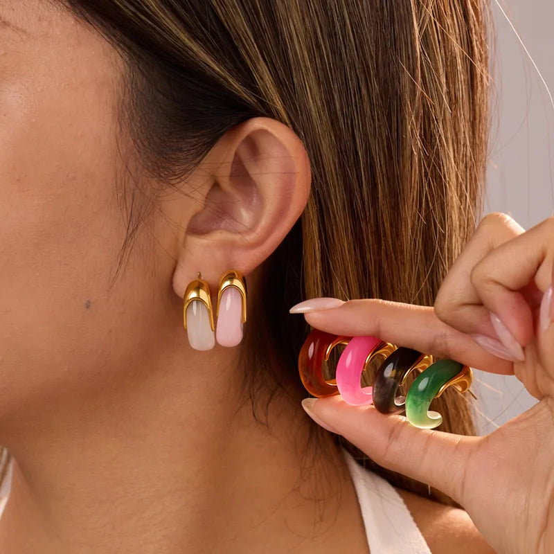 Vintage Exquisite C-shaped Resin Earrings 304 Stainless Steel Studs New Autumn Winter Geometric Half-round Vacuum Electroplating Plated 18K Real Gold