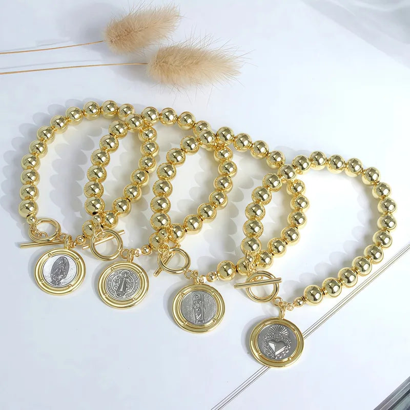 Vintage Geometric Round Virgin Mary Pendant Gold-Plated Copper Beads DIY Beaded OT Clasp Bracelet Jewelry Vacuum Electroplating