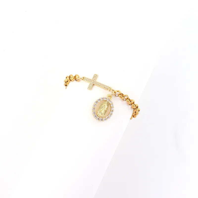 Vintage Gold Oval Virgin Mary Cross 201 Stainless Steel 18K Gold Plated Zircon Chain Women's Bracelet