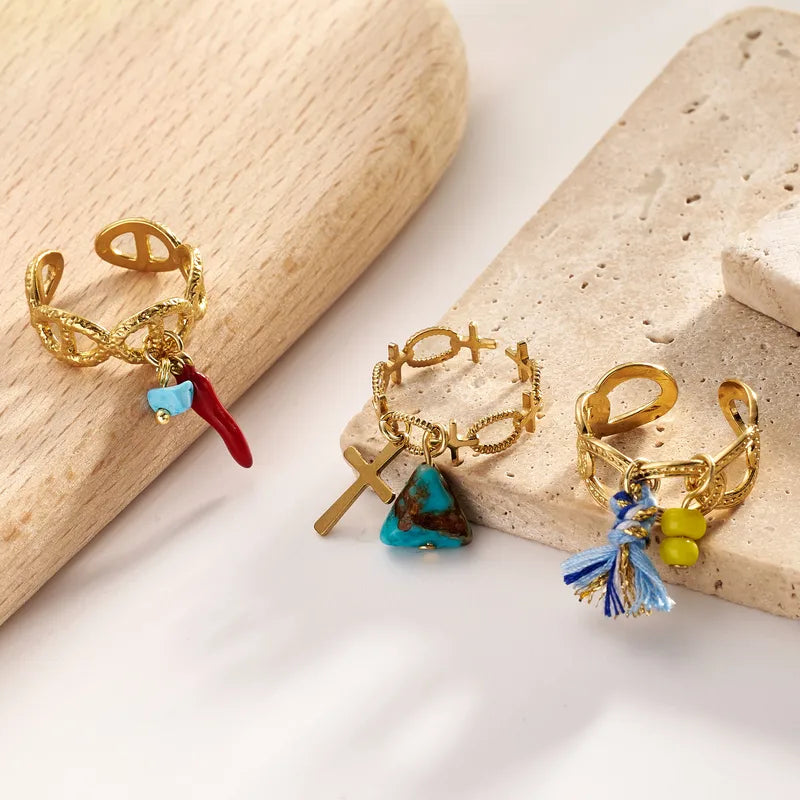 Wholesale Jewelry Casual Vacation Simple Style Cross Tassel Chili Copper 18K Gold Plated Long-Lasting Plated Polishing Enamel Plating Charm Rings Open Rings