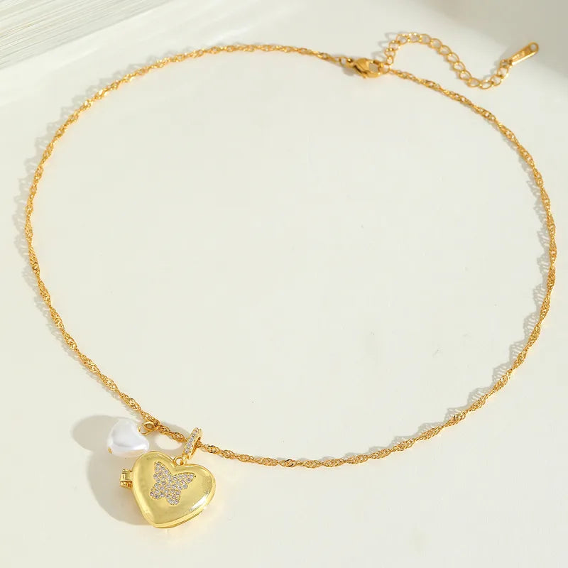 Wholesale Jewelry Cute Romantic Artistic Geometric Heart Shape Butterfly 304 Stainless Steel Copper Imitation Pearl Zircon 18K Gold Plated Plating Inlay Singapore Chain Multi Charms Necklace Locket Necklace