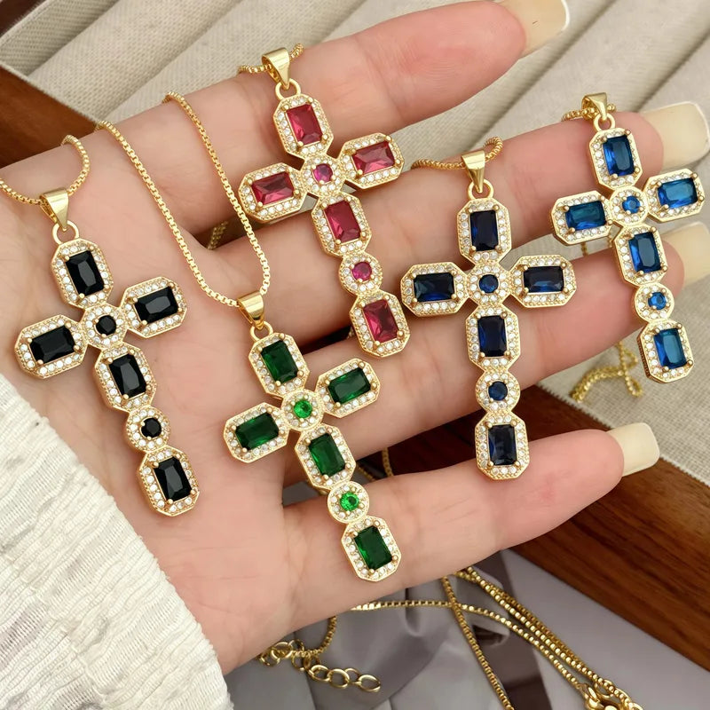 Wholesale Jewelry Elegant Original Design Simple Style Cross Copper Zircon 18K Gold Plated Plating Box Chain Pendant Necklace