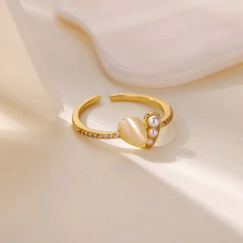 Wholesale Jewelry INS Style Sweet Geometric Flower Bow Knot 304 Stainless Steel Acrylic Pearl Zircon Inlay Open Rings
