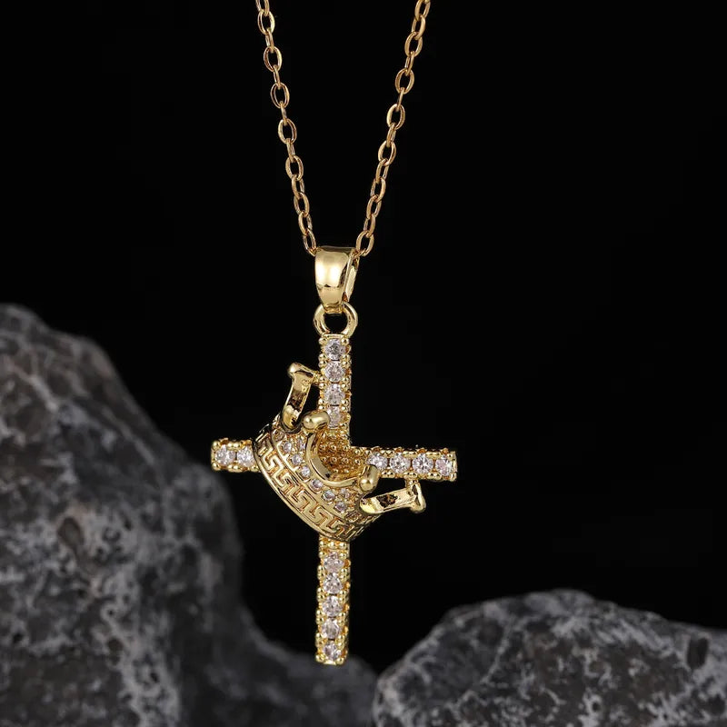 Wholesale Jewelry Vintage Style Cross Crown 304 Stainless Steel Copper Zircon Inlay Pendant Necklace Cable Chain