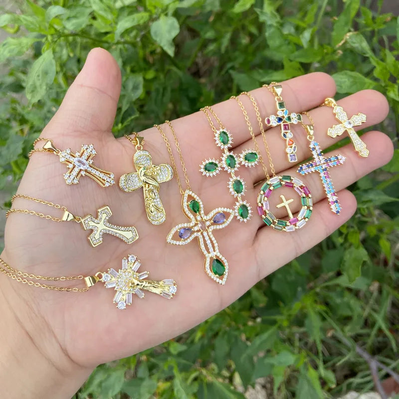 Wholesale Retro Classic Style Cross Round Flower Stainless Steel Copper Inlay 18K Gold Plated Zircon Pendant Necklace