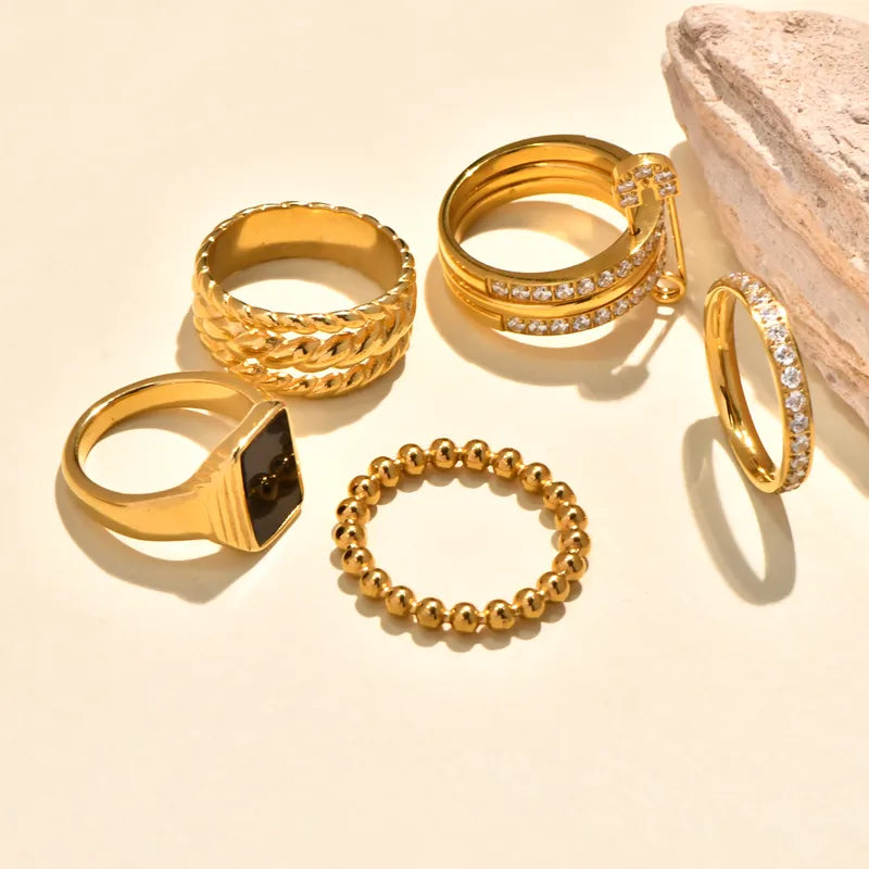 Wide Version Titanium Steel Ring With Threaded Design Vacuum Plated 18K Gold Solid Black Bead Personalized High-End Feeling