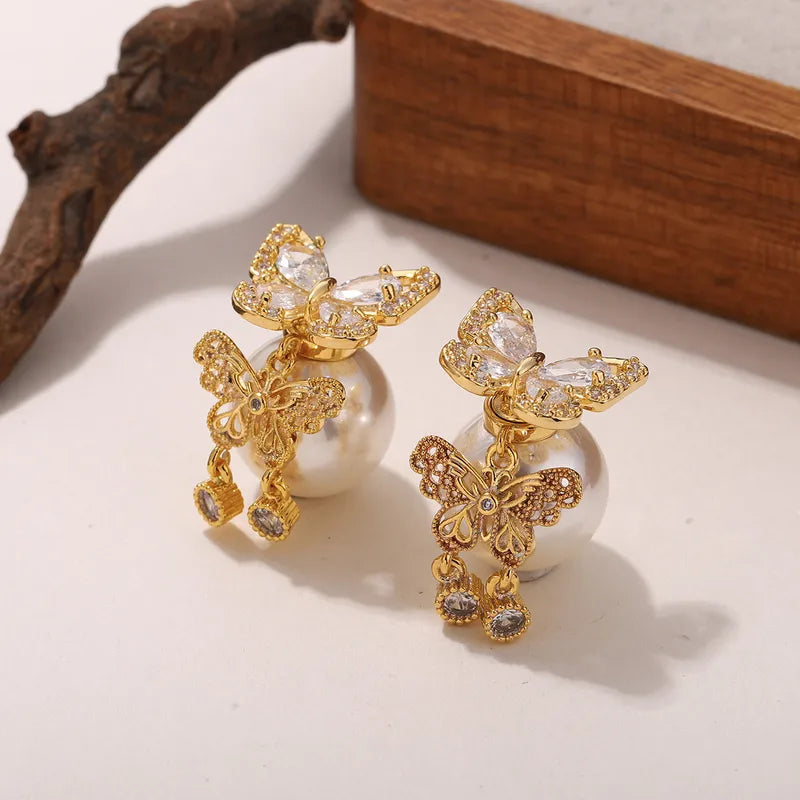 1 Pair Casual Elegant Glam Butterfly Copper Zircon 18K Gold Plated Electroplating Drop Earrings