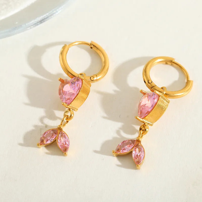 1 Pair Casual Simple Style Artistic Geometric Heart Shape Fish Tail Plating Inlay 304 Stainless Steel Zircon 18K Gold Plated Drop Earrings Earrings