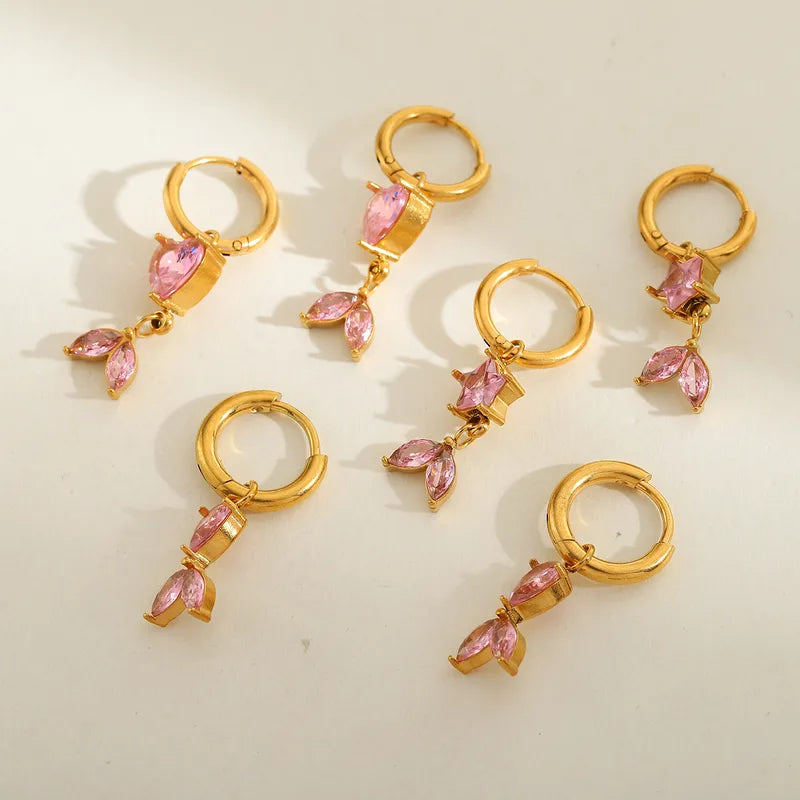 1 Pair Casual Simple Style Artistic Geometric Heart Shape Fish Tail Plating Inlay 304 Stainless Steel Zircon 18K Gold Plated Drop Earrings Earrings