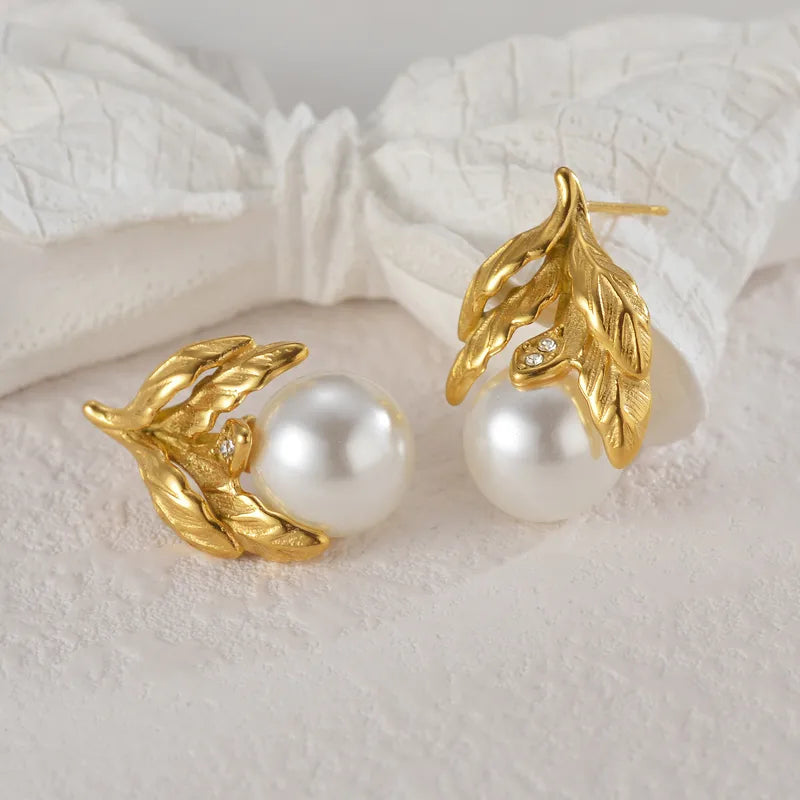 1 Pair Classical Shiny Leaves Inlay 304 Stainless Steel 18K Gold Plated Ear Studs