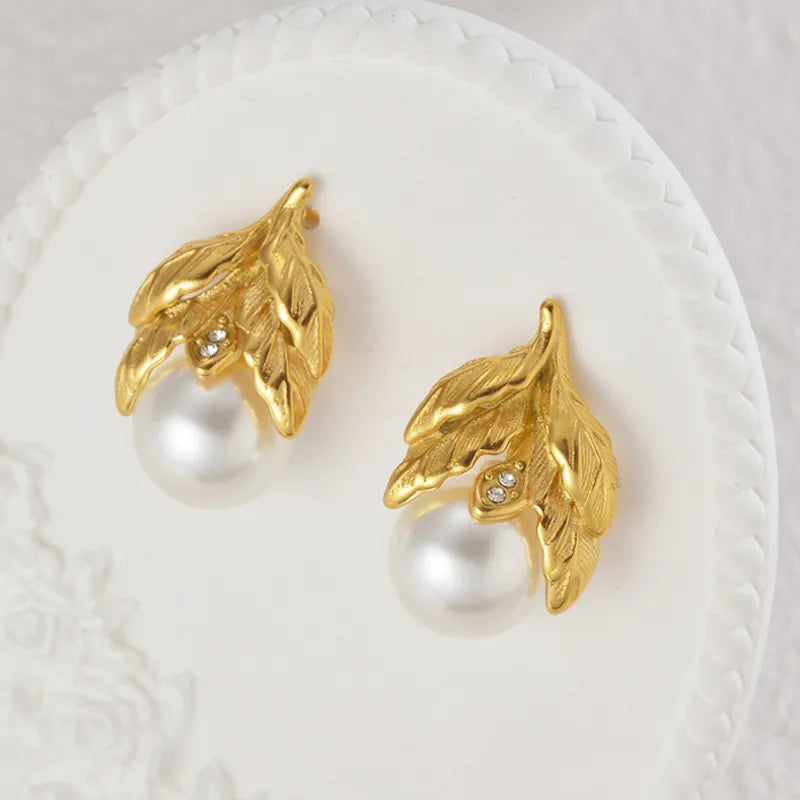 1 Pair Classical Shiny Leaves Inlay 304 Stainless Steel 18K Gold Plated Ear Studs