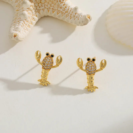 1 Pair Cute Basic Hawaiian Hippocampus Lobster Inlay Copper Zircon Imitation Gold Water Plating Ear Studs