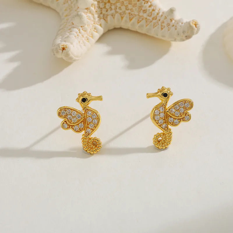 1 Pair Cute Basic Hawaiian Hippocampus Lobster Inlay Copper Zircon Imitation Gold Water Plating Ear Studs