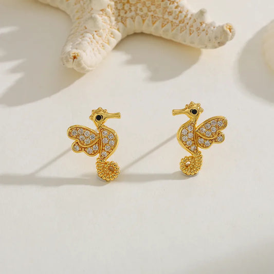 1 Pair Cute Basic Hawaiian Hippocampus Lobster Inlay Copper Zircon Imitation Gold Water Plating Ear Studs