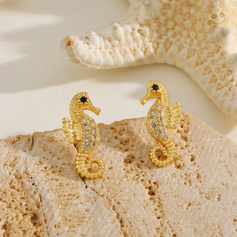1 Pair Cute Basic Hawaiian Hippocampus Lobster Inlay Copper Zircon Imitation Gold Water Plating Ear Studs