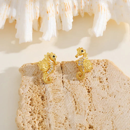 1 Pair Cute Basic Hawaiian Hippocampus Lobster Inlay Copper Zircon Imitation Gold Water Plating Ear Studs