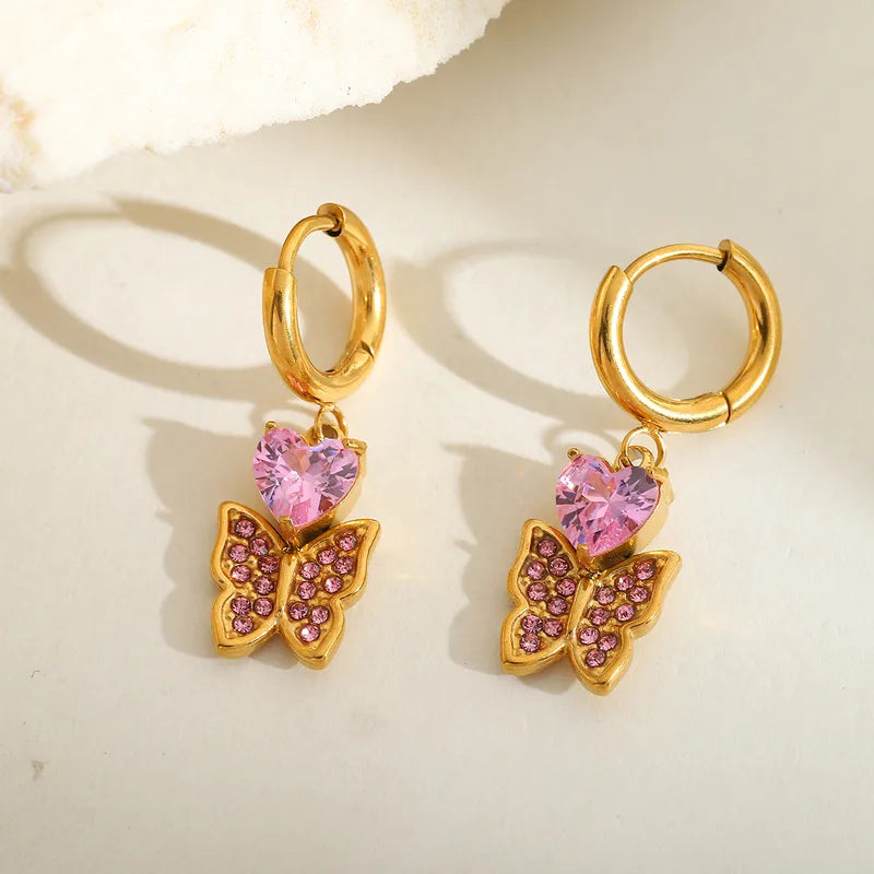 1 Pair Cute Simple Style Artistic Geometric Heart Shape Butterfly Plating Inlay 304 Stainless Steel Zircon 18K Gold Plated Drop Earrings Earrings