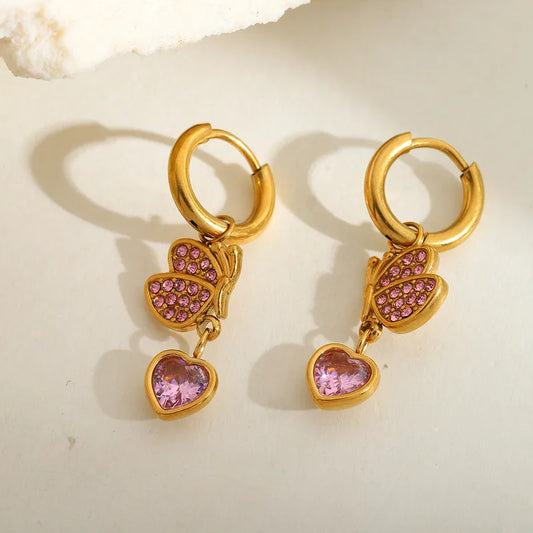 1 Pair Cute Simple Style Artistic Geometric Heart Shape Butterfly Plating Inlay 304 Stainless Steel Zircon 18K Gold Plated Drop Earrings Earrings