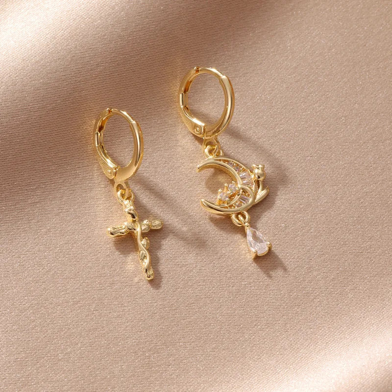 1 Pair Elegant Cute Artistic Cross Moon Inlay Copper Zircon Drop Earrings