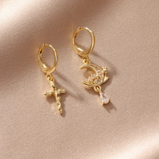 1 Pair Elegant Cute Artistic Cross Moon Inlay Copper Zircon Drop Earrings