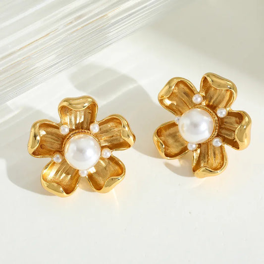 1 Pair Elegant Cute Retro Geometric Flower Plating Inlay 304 Stainless Steel Imitation Pearl 18K Gold Plated Ear Studs
