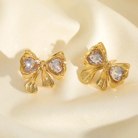 1 Pair Elegant Cute Retro Geometric Heart Shape Bow Knot Plating Inlay 304 Stainless Steel Zircon 18K Gold Plated Ear Studs