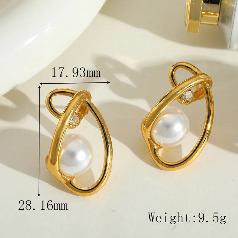 1 Pair Elegant Cute Romantic Irregular Geometric Plating Inlay 304 Stainless Steel Imitation Pearl Zircon 18K Gold Plated Ear Studs