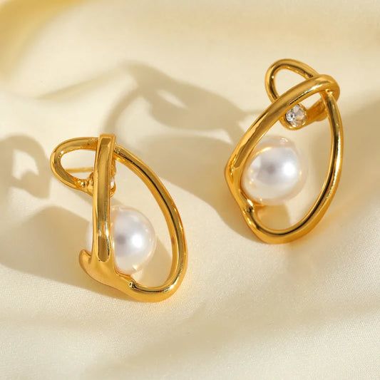 1 Pair Elegant Cute Romantic Irregular Geometric Plating Inlay 304 Stainless Steel Imitation Pearl Zircon 18K Gold Plated Ear Studs