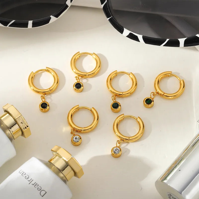 1 Pair Elegant Cute Simple Style Geometric Round Plating Inlay 304 Stainless Steel Zircon 18K Gold Plated Earrings