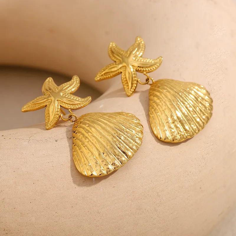 1 Pair Elegant Lady Starfish Shell Plating 304 Stainless Steel Drop Earrings