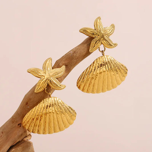 1 Pair Elegant Lady Starfish Shell Plating 304 Stainless Steel Drop Earrings