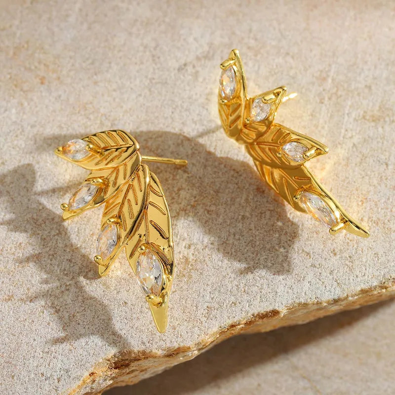 1 Pair Elegant Luxurious Artistic Geometric Leaves Solid Color Inlay 304 Stainless Steel Zircon Ear Studs