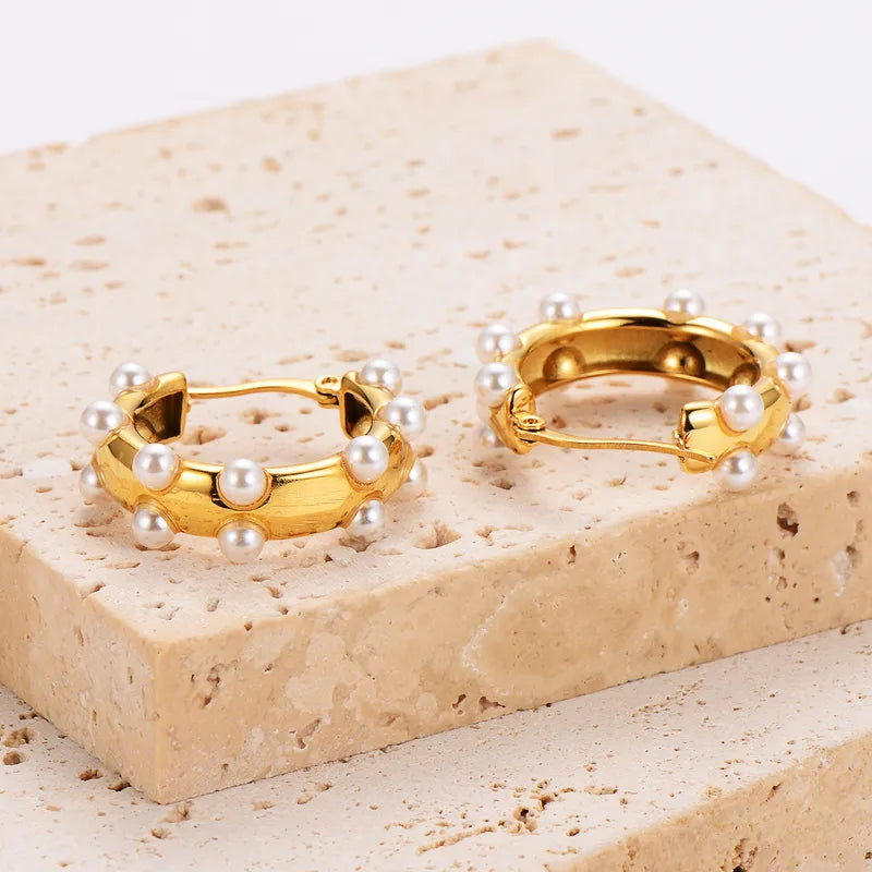 1 Pair Retro French Style Simple Style Oval Plating Inlay 304 Stainless Steel Pearl 18K Gold Plated Ear Studs