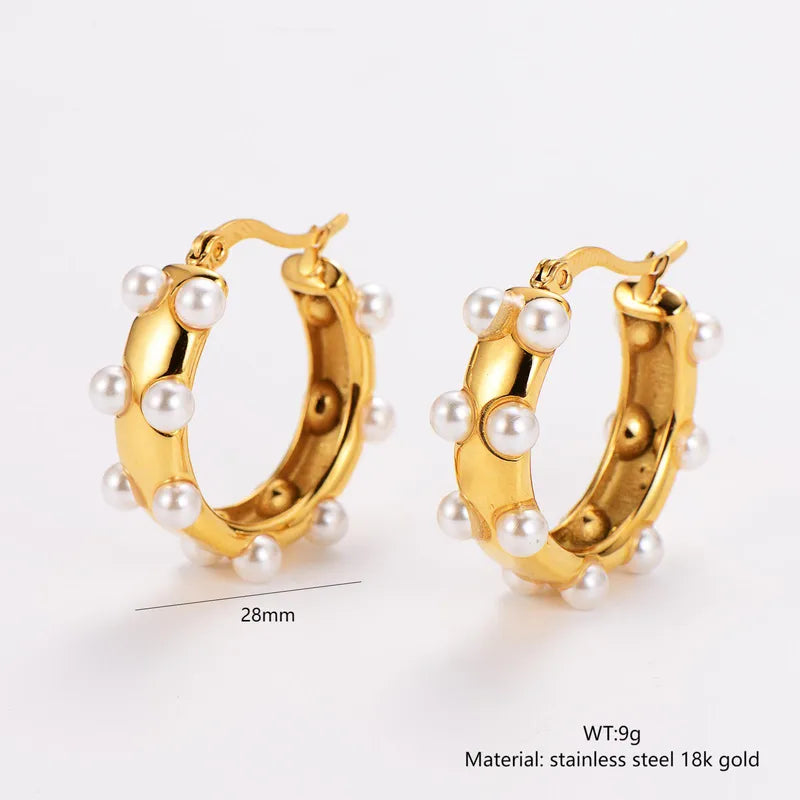 1 Pair Retro French Style Simple Style Oval Plating Inlay 304 Stainless Steel Pearl 18K Gold Plated Ear Studs