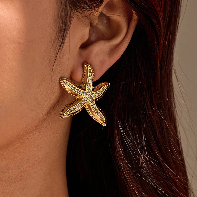 1 Pair Retro Marine Style Starfish Plating 304 Stainless Steel Zircon 18K Gold Plated Ear Studs