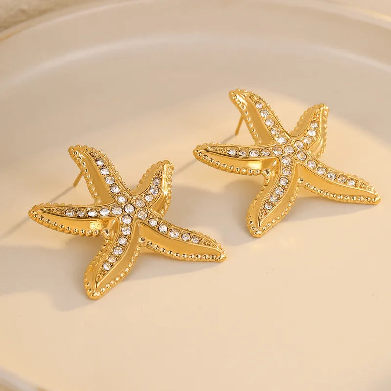 1 Pair Retro Marine Style Starfish Plating 304 Stainless Steel Zircon 18K Gold Plated Ear Studs