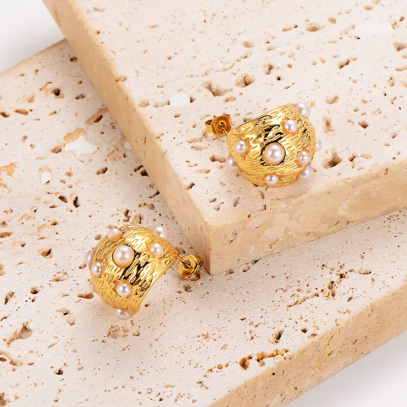 1 Pair Retro Simple Style Oval Plating Inlay 304 Stainless Steel Pearl 18K Gold Plated Ear Studs